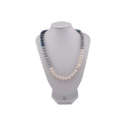 Freshwater White, Silver Grey, Peacock Blue Pearl Necklace, Hand-Knotted Silk, Sterling Silver Clasp