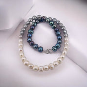 Freshwater White, Silver Grey, Peacock Blue Pearl Necklace, Hand-Knotted Silk, Sterling Silver Clasp