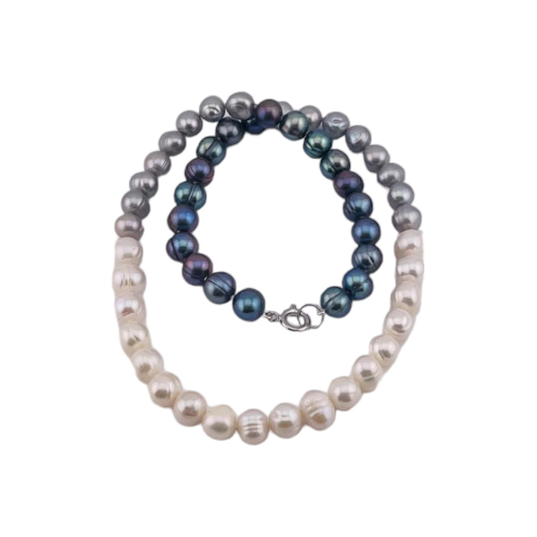 Freshwater White, Silver Grey, Peacock Blue Pearl Necklace, Hand-Knotted Silk, Sterling Silver Clasp