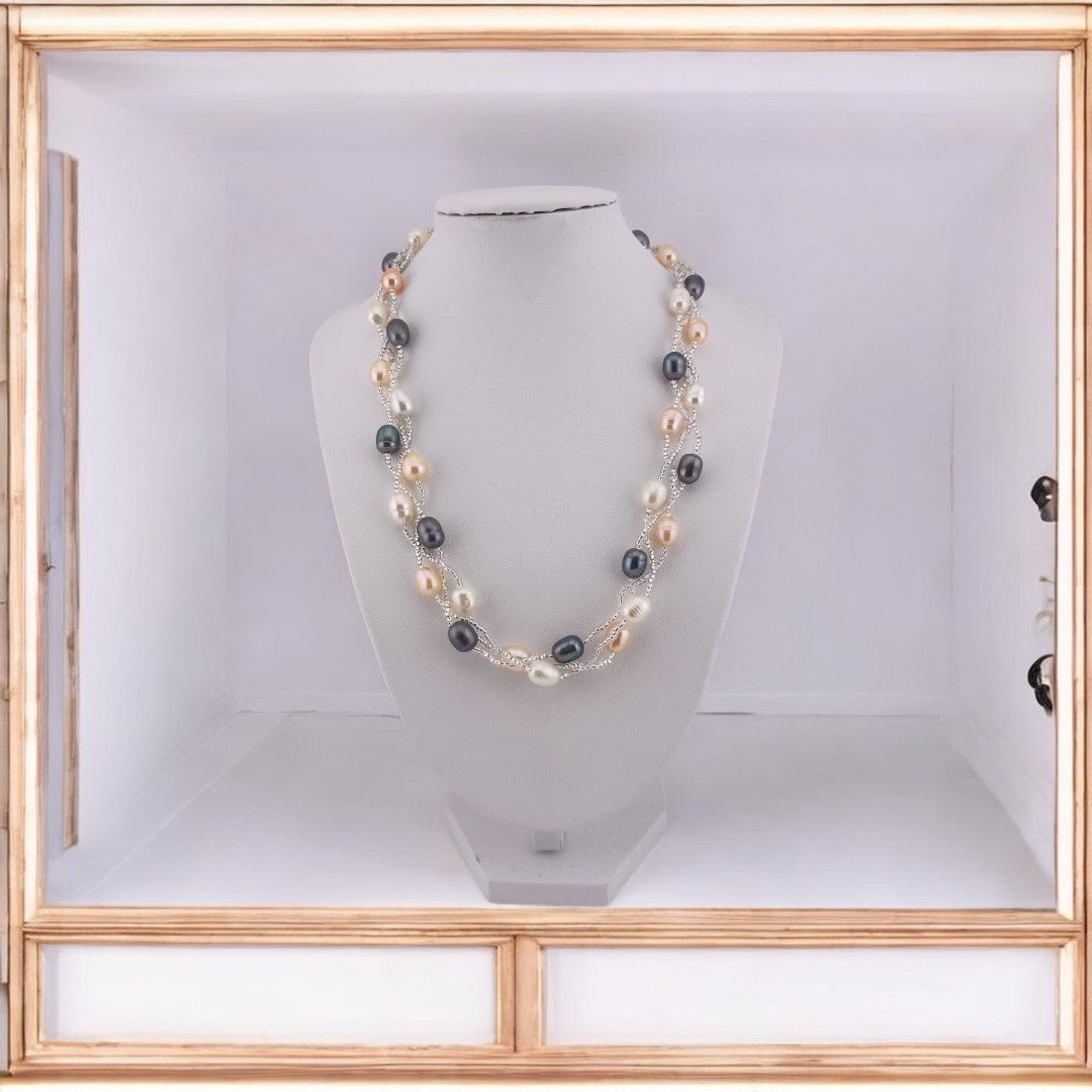 Twisted Rice Pearl Necklace, White, Peach, Peacock Blue, Three-Strand, Gift for Her