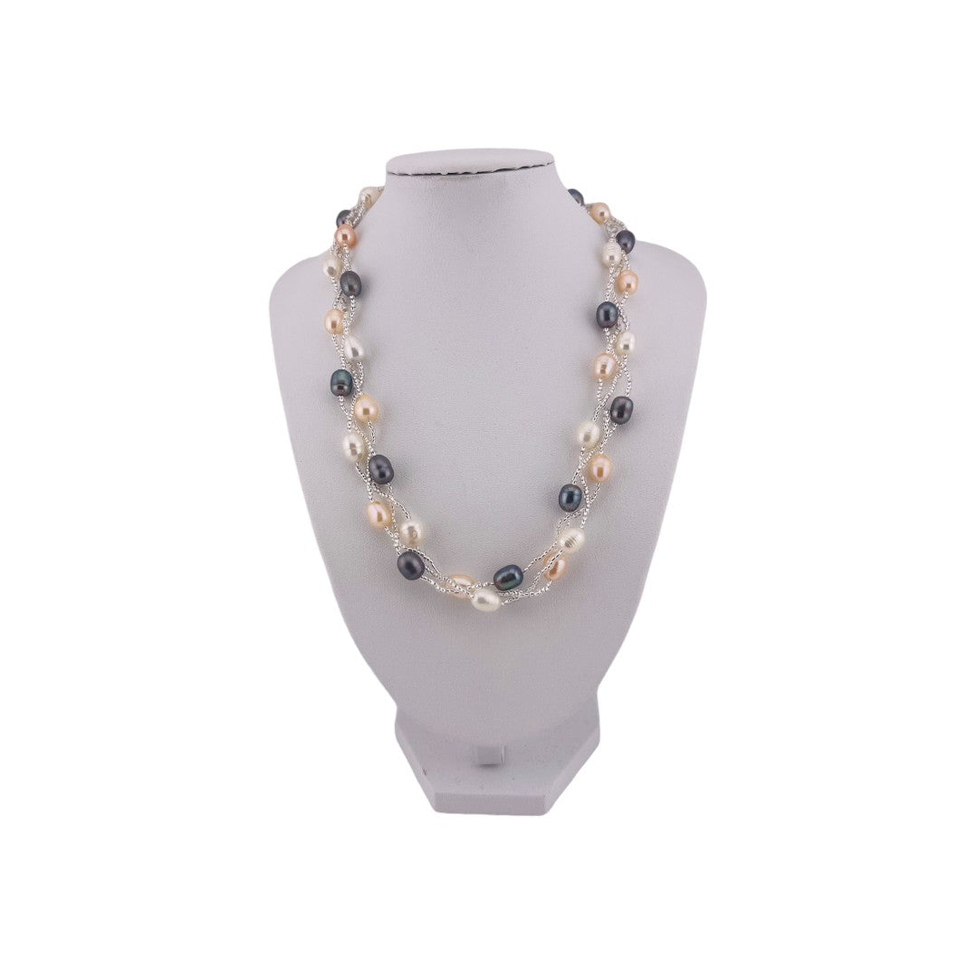 Twisted Rice Pearl Necklace, White, Peach, Peacock Blue, Three-Strand, Gift for Her