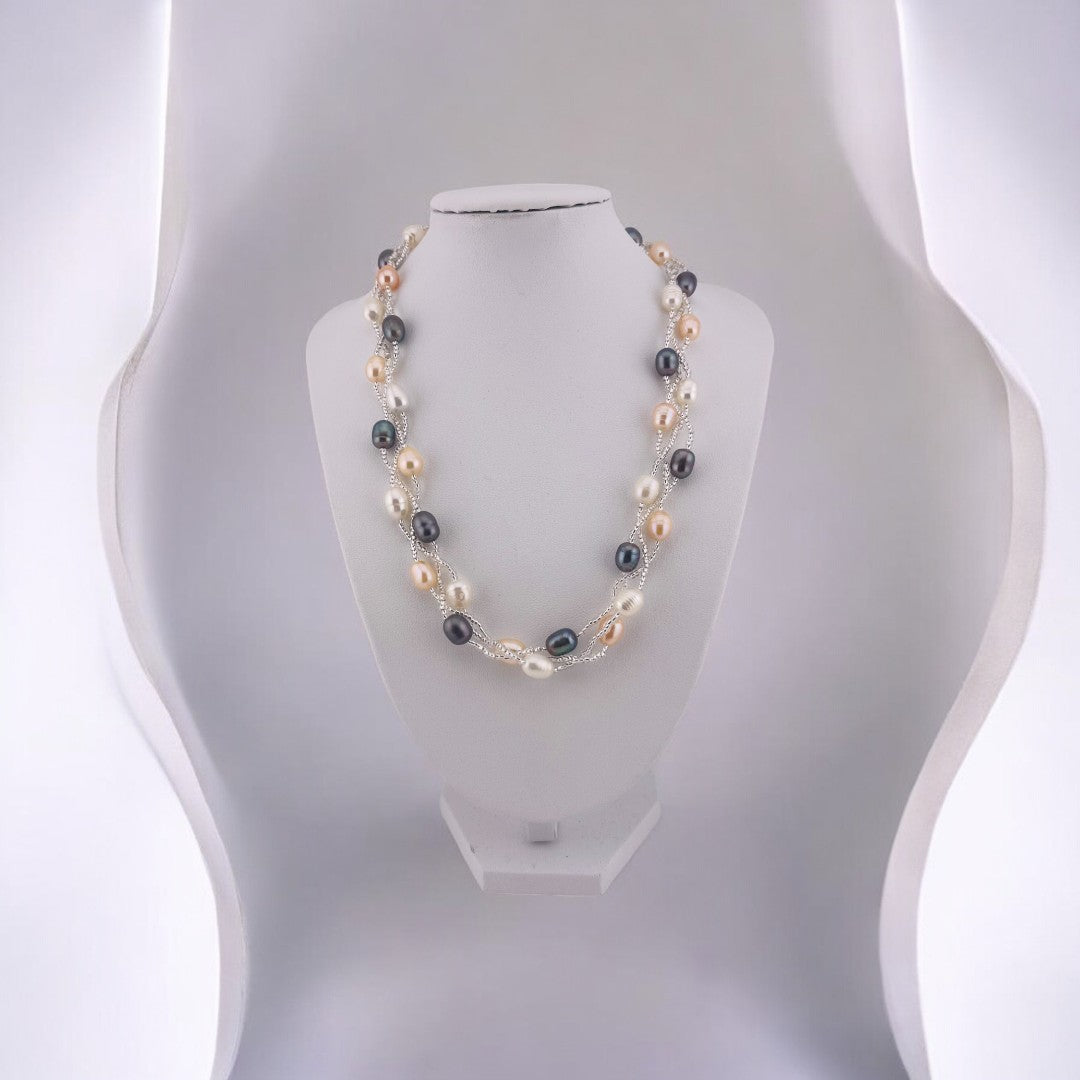 Twisted Rice Pearl Necklace, White, Peach, Peacock Blue, Three-Strand, Gift for Her