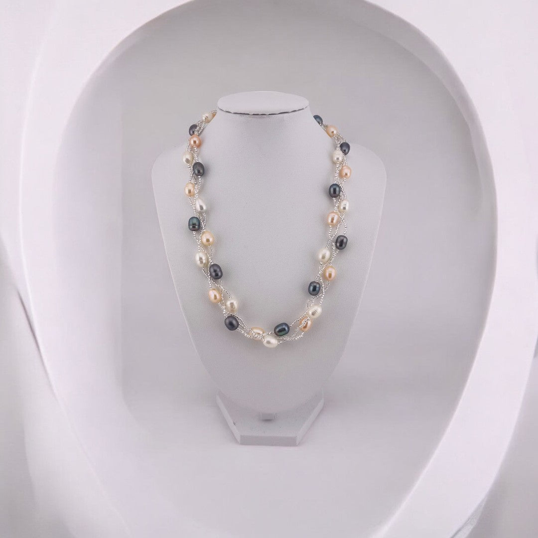 Twisted Rice Pearl Necklace, White, Peach, Peacock Blue, Three-Strand, Gift for Her