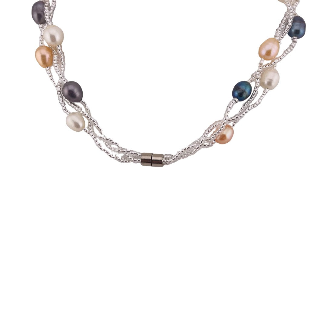 Twisted Rice Pearl Necklace, White, Peach, Peacock Blue, Three-Strand, Gift for Her
