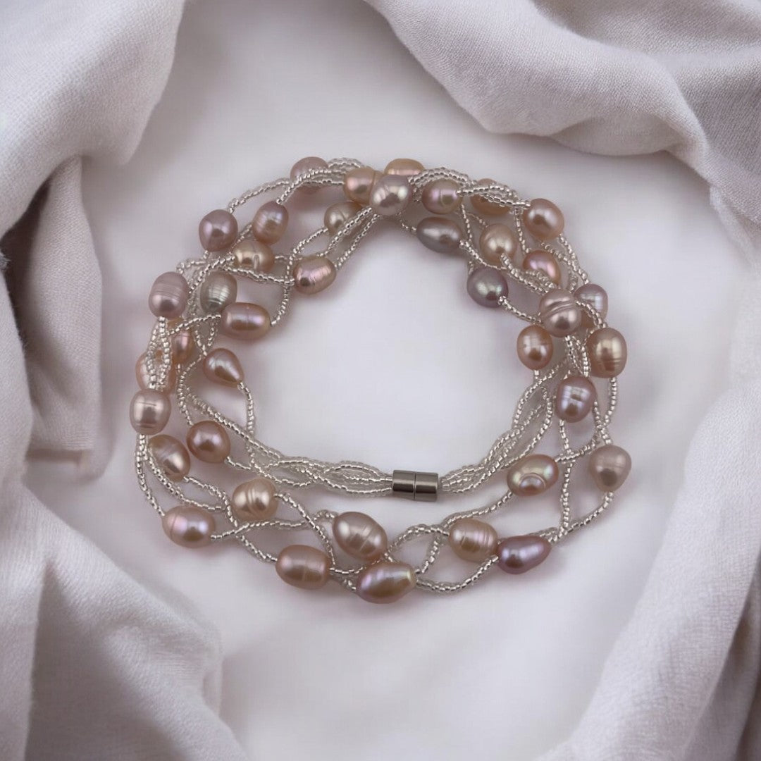 Rice Pearl Necklace, Natural Pink, Three-Strand Twisted, Prefect Birthday and Holiday Gift