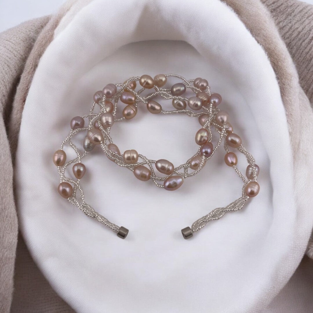 Rice Pearl Necklace, Natural Pink, Three-Strand Twisted, Prefect Birthday and Holiday Gift