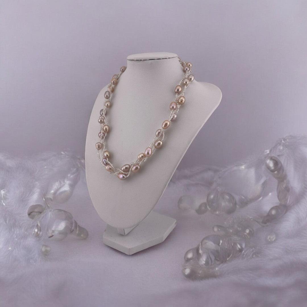 Rice Pearl Necklace, Natural Pink, Three-Strand Twisted, Prefect Birthday and Holiday Gift