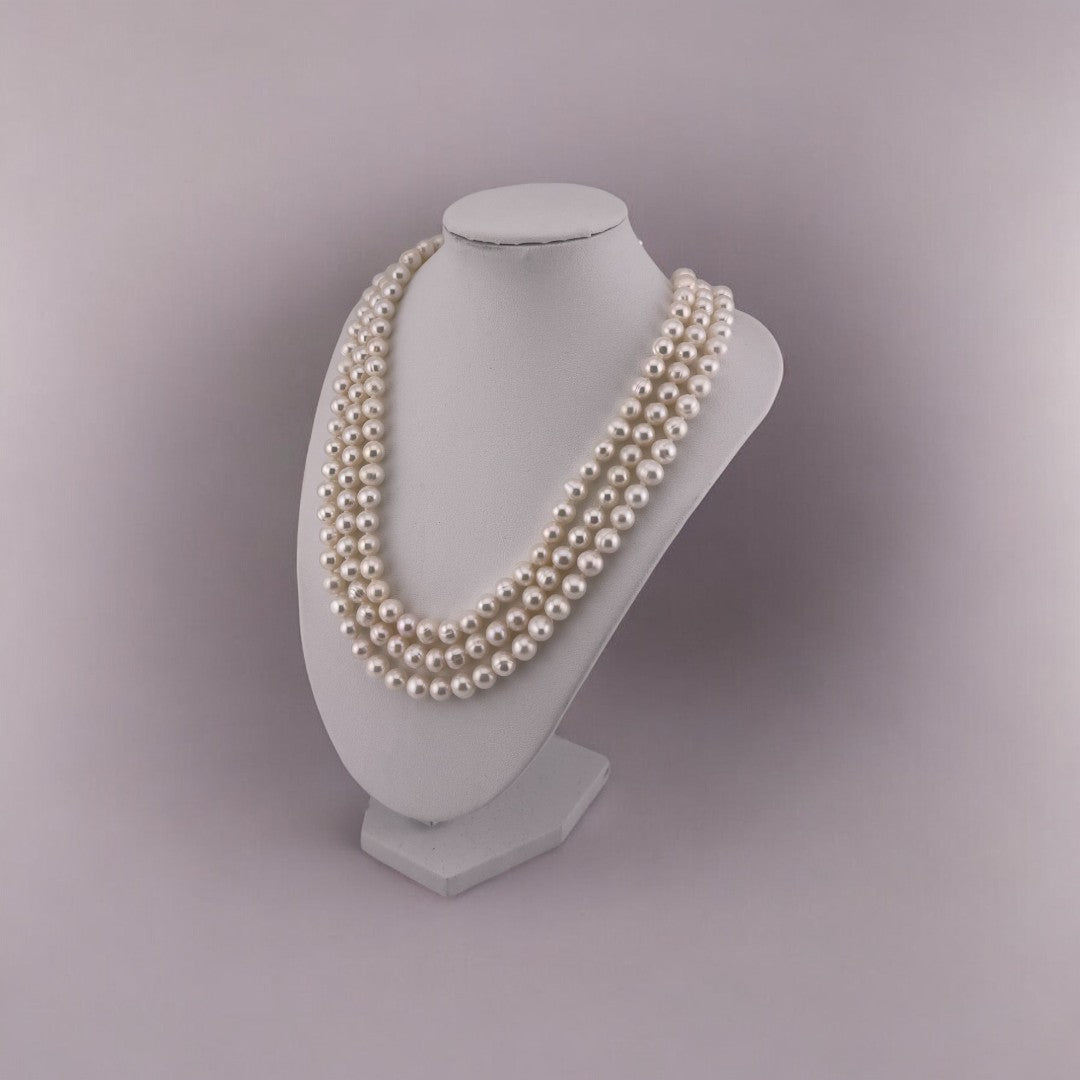 Two Styles in one, Triple Strand, Cultured White Pearl Necklace, Versatile Toggle Clasp, Perfect Jewelry Gift