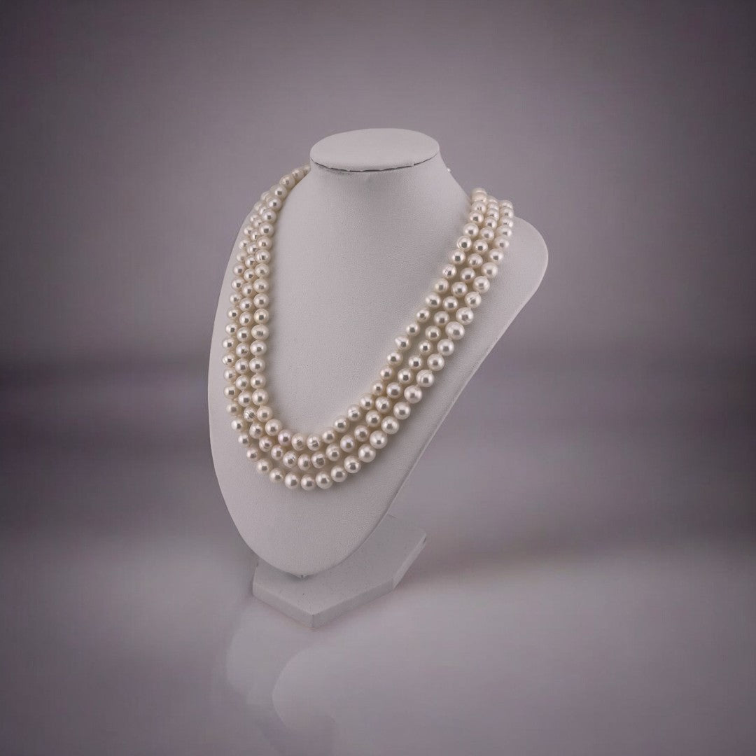 Two Styles in one, Triple Strand, Cultured White Pearl Necklace, Versatile Toggle Clasp, Perfect Jewelry Gift
