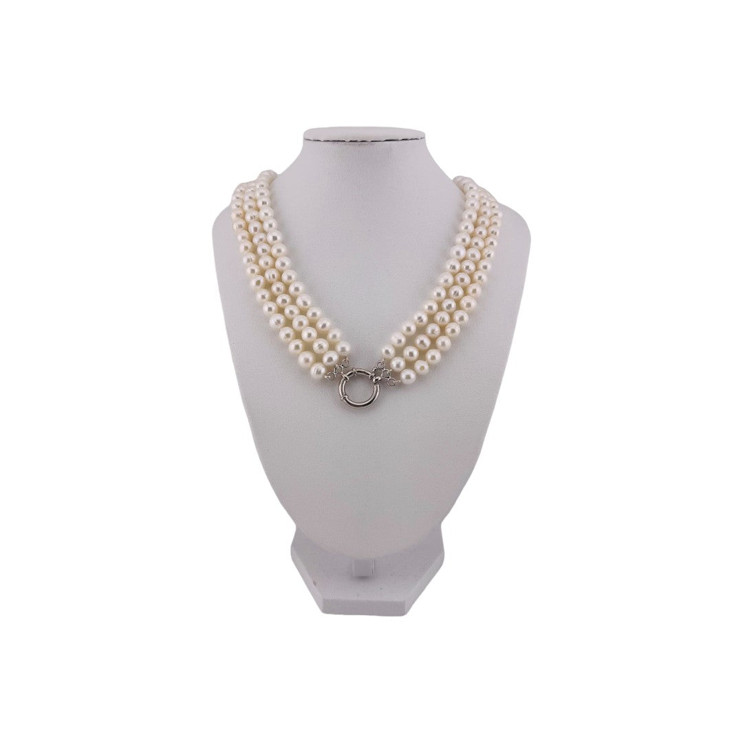 Two Styles in one, Triple Strand, Cultured White Pearl Necklace, Versatile Toggle Clasp, Perfect Jewelry Gift