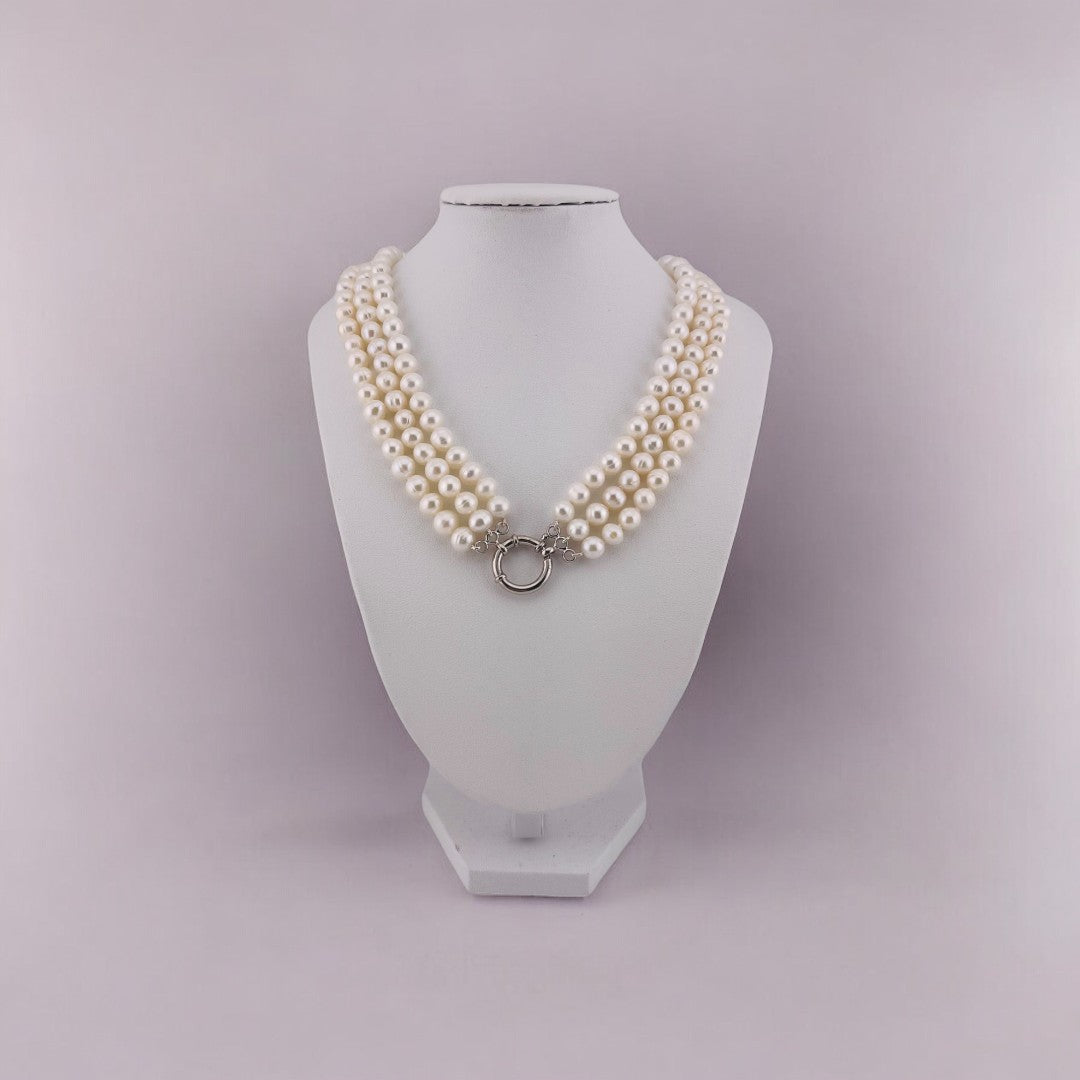 Two Styles in one, Triple Strand, Cultured White Pearl Necklace, Versatile Toggle Clasp, Perfect Jewelry Gift