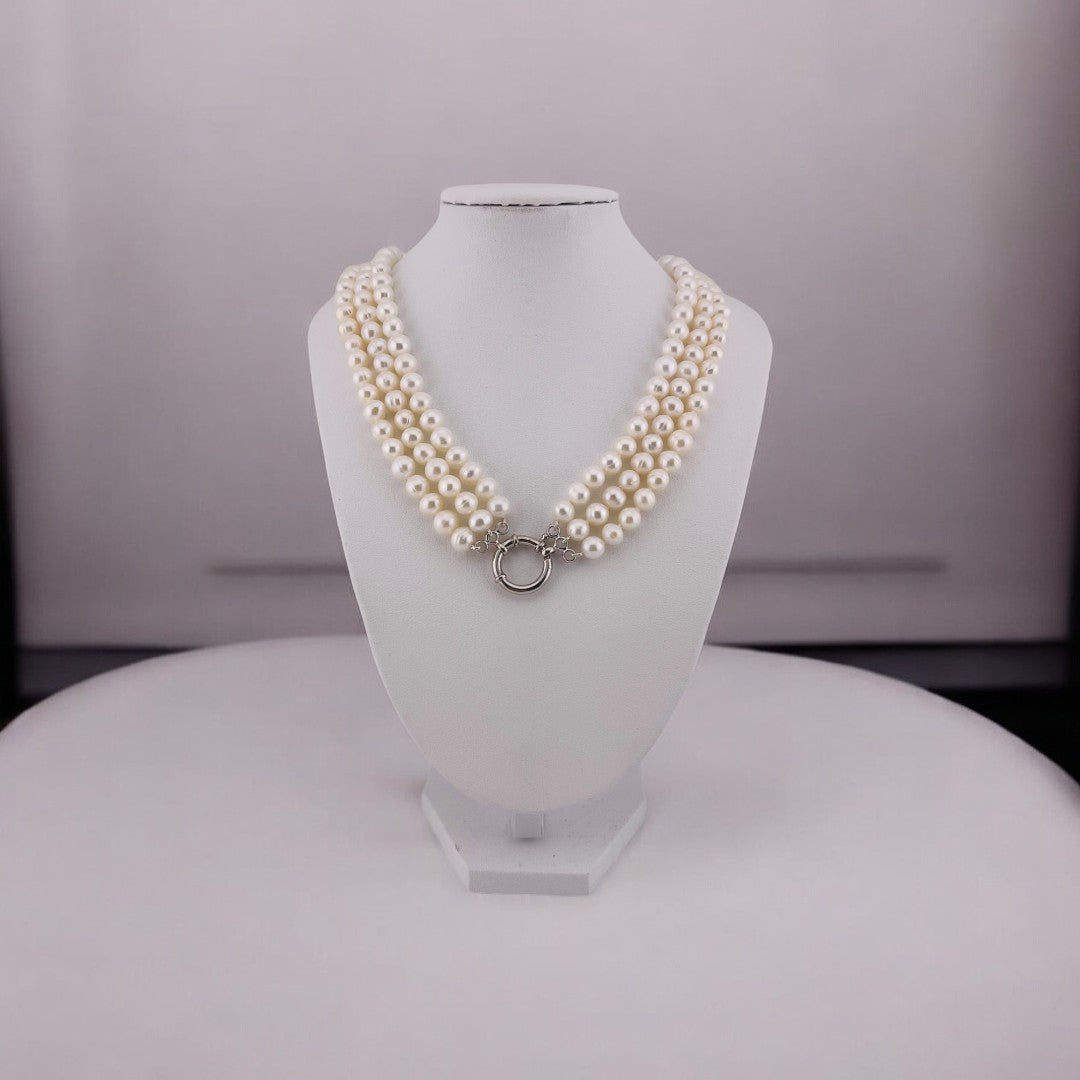 Two Styles in one, Triple Strand, Cultured White Pearl Necklace, Versatile Toggle Clasp, Perfect Jewelry Gift