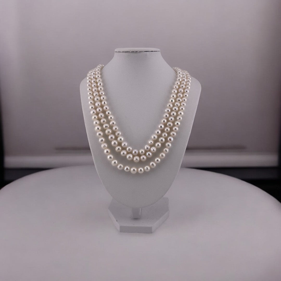 Two Styles in one, Triple Strand, Cultured White Pearl Necklace, Versatile Toggle Clasp, Perfect Jewelry Gift