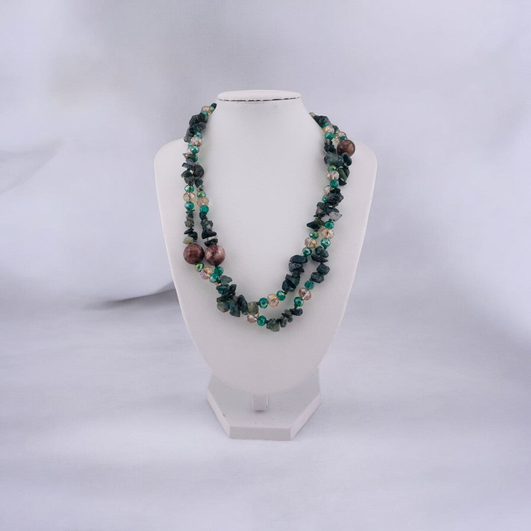 Green and Brown, Beaded Necklace, Irregular Size with Two-Strand Design, Elegant, Birthday, Holiday, Anniversary, Gift for Her