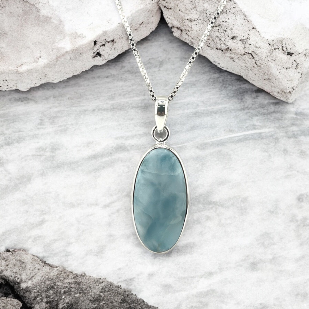 Sterling Silver, Larimar Gemstone, Oval Stone Pendant, Necklace, Perfect Gift, Statement Piece