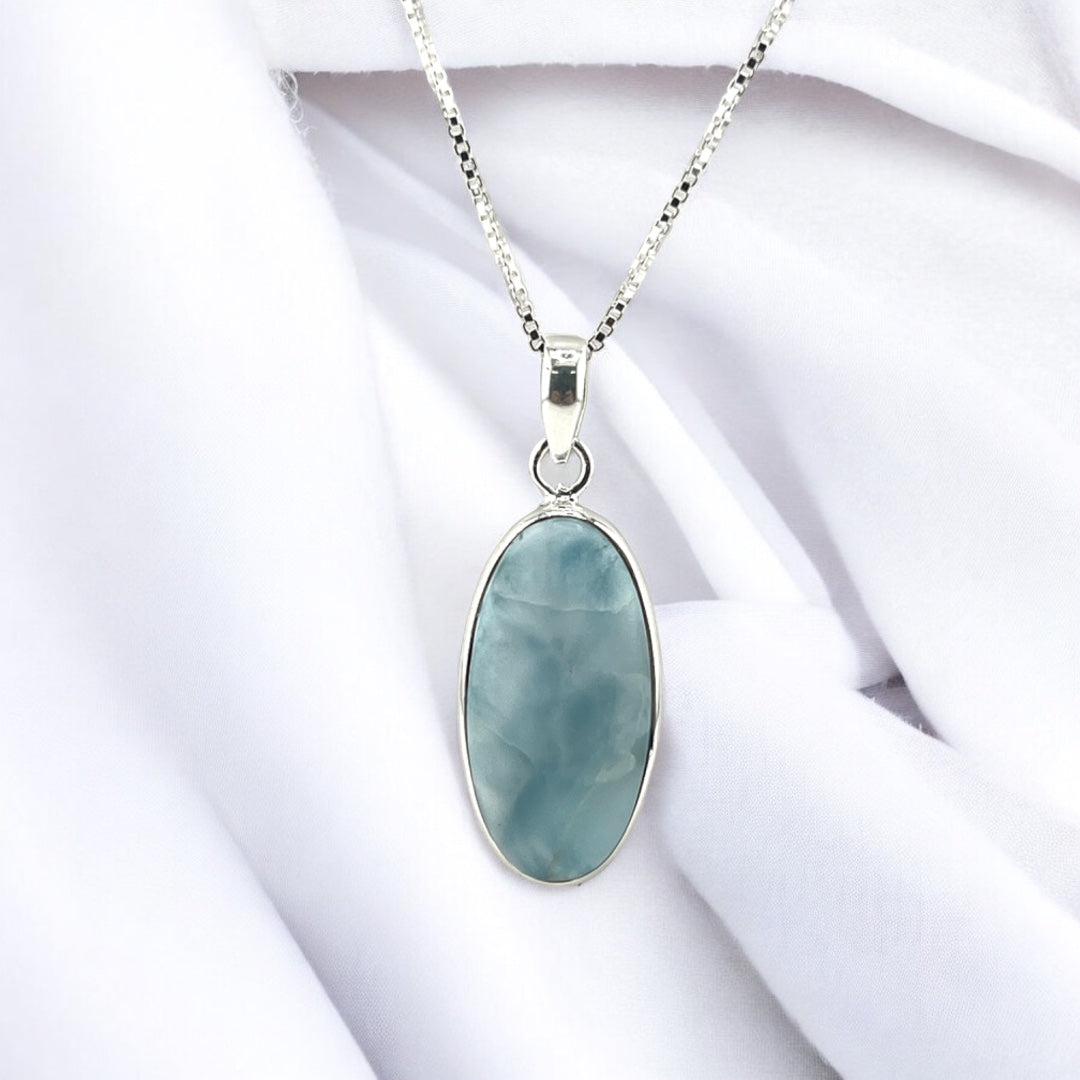 Sterling Silver, Larimar Gemstone, Oval Stone Pendant, Necklace, Perfect Gift, Statement Piece