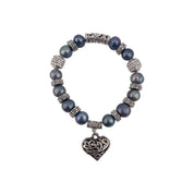 Peacock Color Cultured Pearl Bracelet with Heart Pendant, Antique Silver Look, Romantic Gift for Her