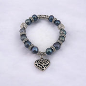 Peacock Color Cultured Pearl Bracelet with Heart Pendant, Antique Silver Look, Romantic Gift for Her