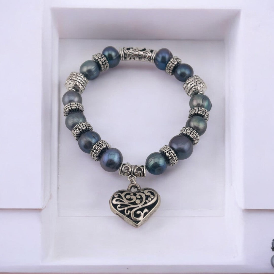 Peacock Color Cultured Pearl Bracelet with Heart Pendant, Antique Silver Look, Romantic Gift for Her