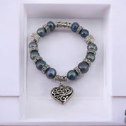 Peacock Color Cultured Pearl Bracelet with Heart Pendant, Antique Silver Look, Romantic Gift for Her
