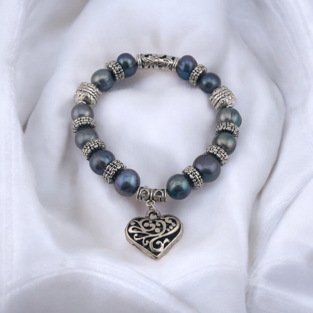 Peacock Color Cultured Pearl Bracelet with Heart Pendant, Antique Silver Look, Romantic Gift for Her