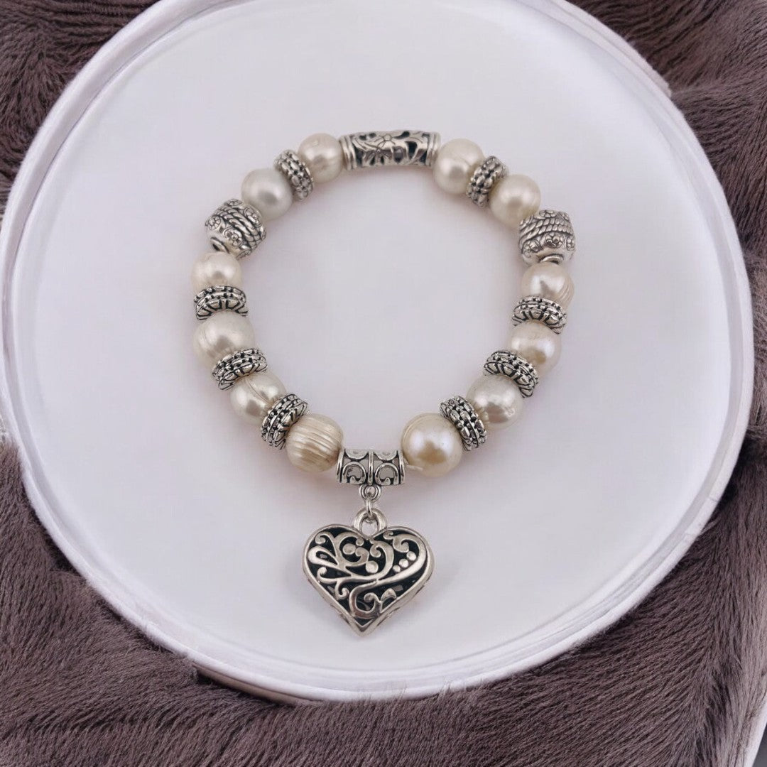 Pearl Bracelet, Cultured White Pearls, Heart Pendant, Antique Silver Look, Birthday and Holiday Gift for a Loved One