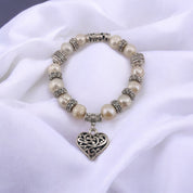 Pearl Bracelet, Cultured White Pearls, Heart Pendant, Antique Silver Look, Birthday and Holiday Gift for a Loved One