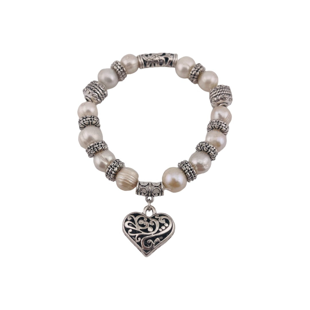 Pearl Bracelet, Cultured White Pearls, Heart Pendant, Antique Silver Look, Birthday and Holiday Gift for a Loved One