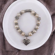 Pearl Bracelet, Cultured White Pearls, Heart Pendant, Antique Silver Look, Birthday and Holiday Gift for a Loved One