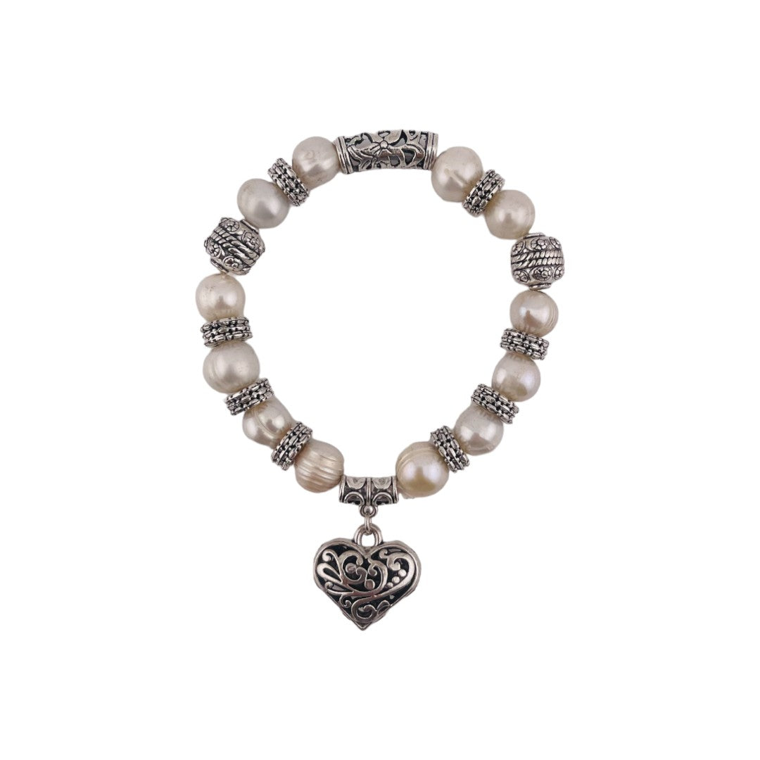 Pearl Bracelet, Cultured White Pearls, Heart Pendant, Antique Silver Look, Birthday and Holiday Gift for a Loved One