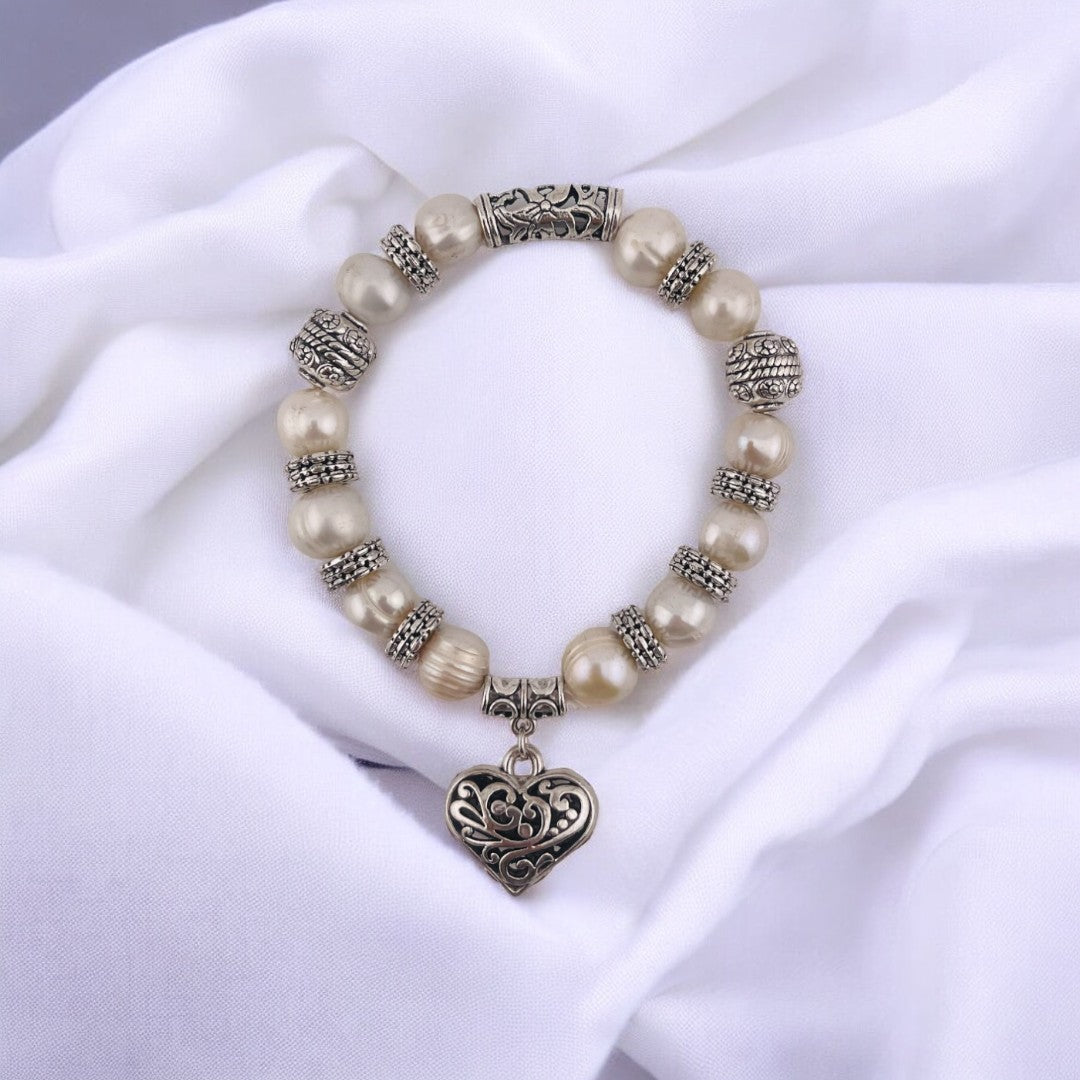 Pearl Bracelet, Cultured White Pearls, Heart Pendant, Antique Silver Look, Birthday and Holiday Gift for a Loved One