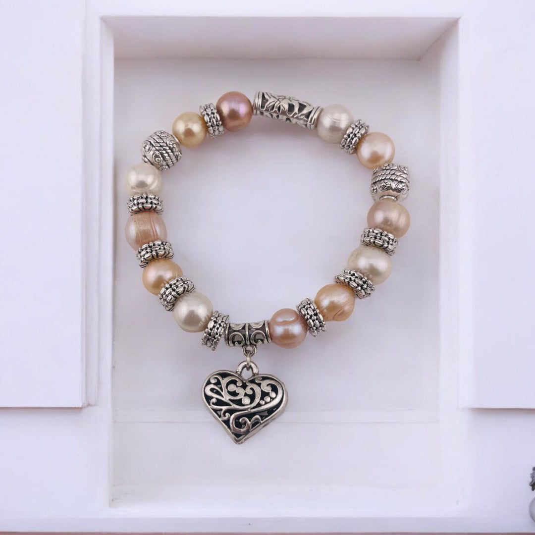 Pink and White Cultured Pearl Bracelet with Heart Pendant, Antique Silver Look, Romantic Gift for Her