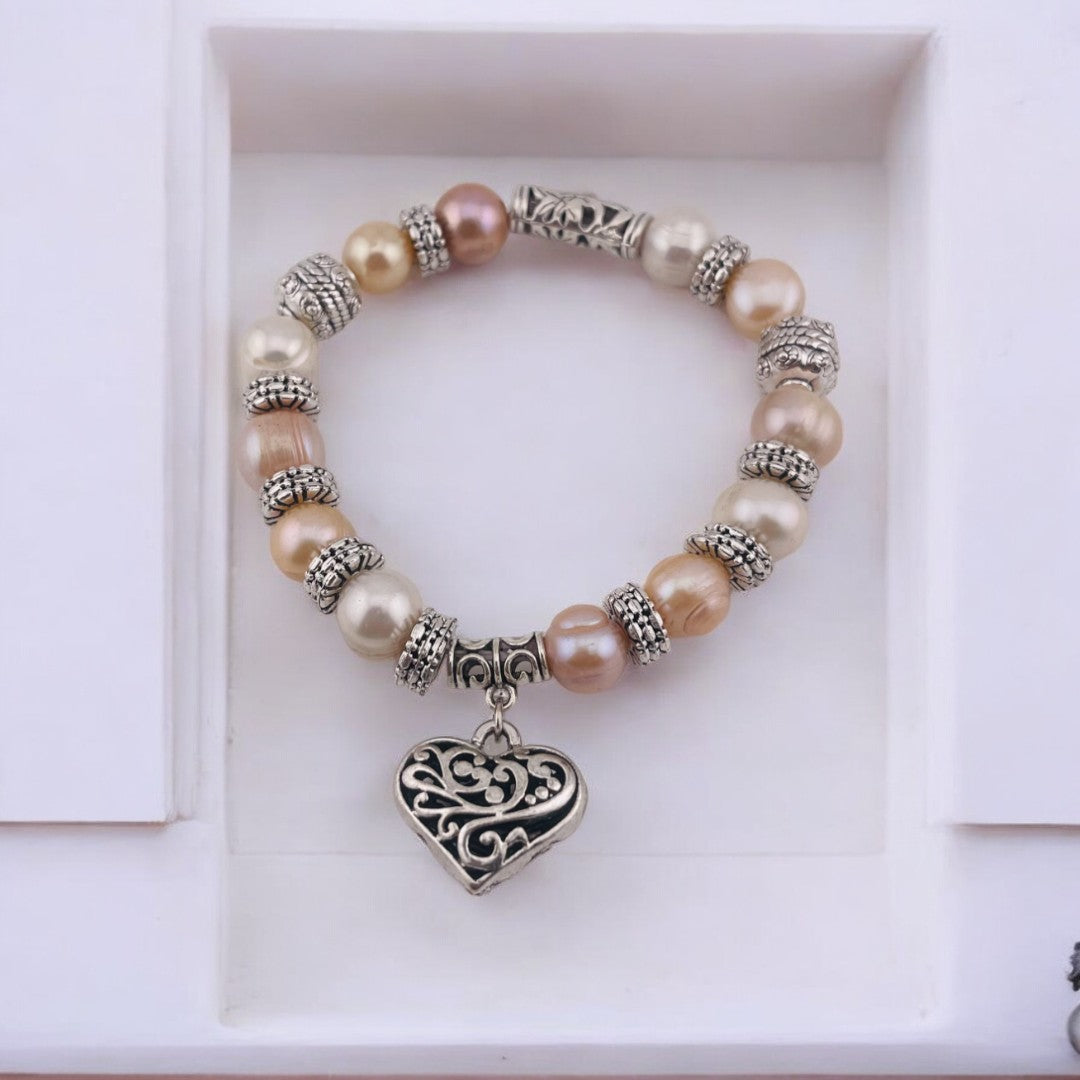 Pink and White Cultured Pearl Bracelet with Heart Pendant, Antique Silver Look, Romantic Gift for Her