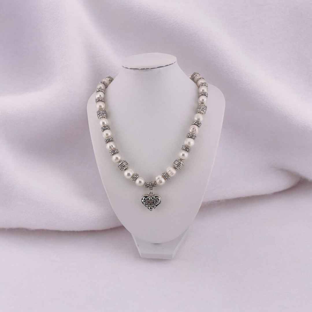 Pearl Necklace, Cultured White Pearls, Heart Toggle Clasp, Antique Silver Look, Heart Pendant, Birthday and Holiday Gift for a Loved One