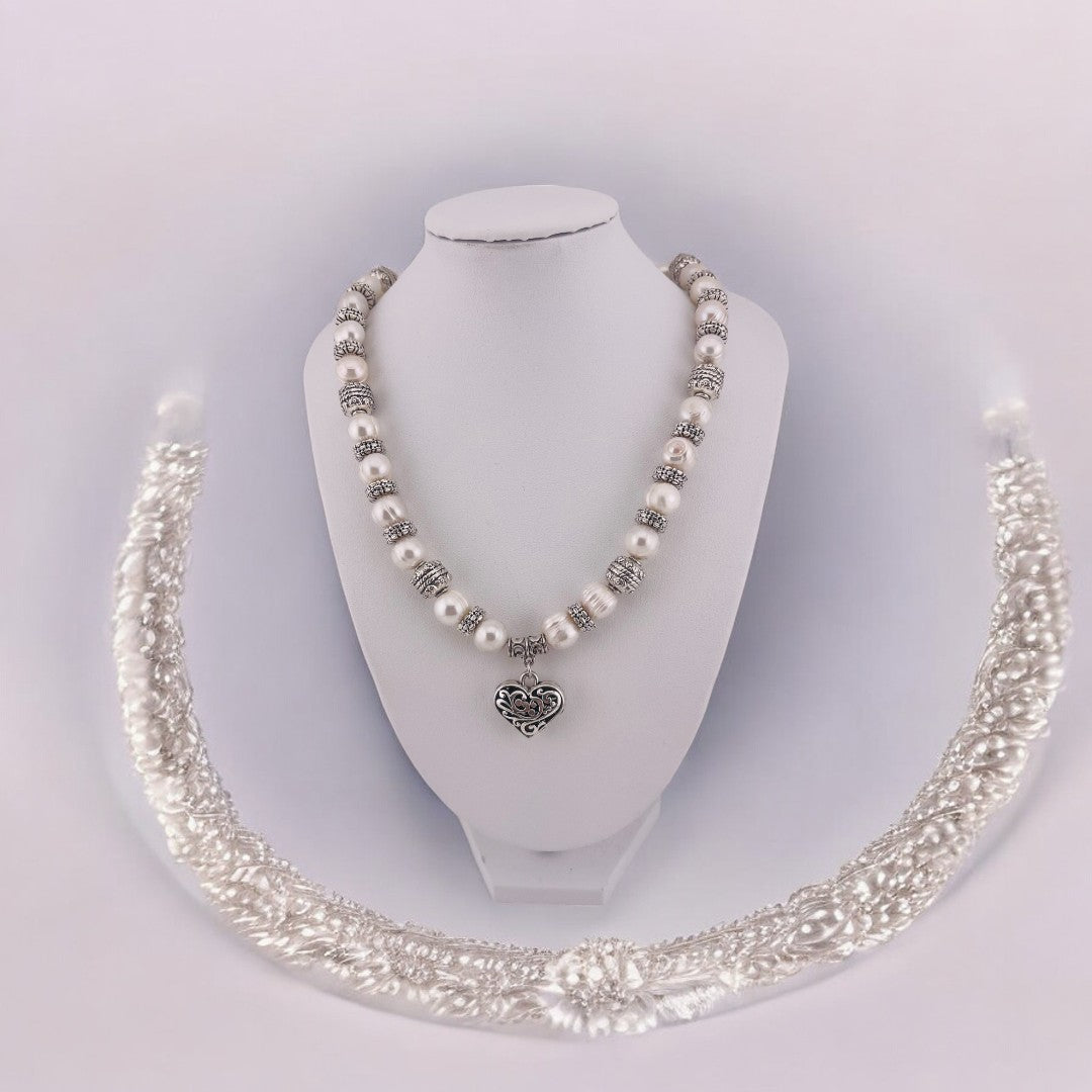 Pearl Necklace, Cultured White Pearls, Heart Toggle Clasp, Antique Silver Look, Heart Pendant, Birthday and Holiday Gift for a Loved One