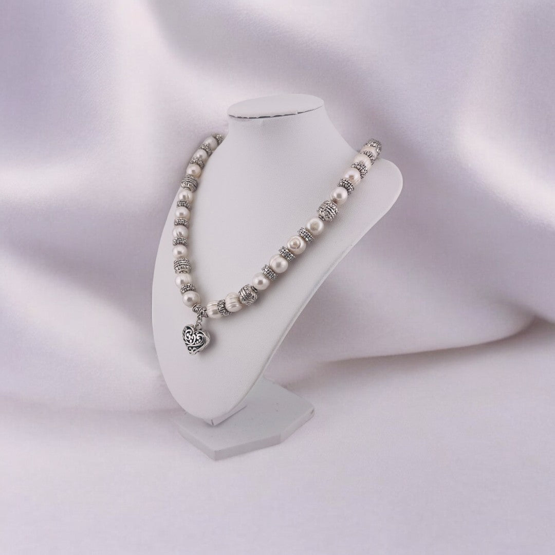 Pearl Necklace, Cultured White Pearls, Heart Toggle Clasp, Antique Silver Look, Heart Pendant, Birthday and Holiday Gift for a Loved One