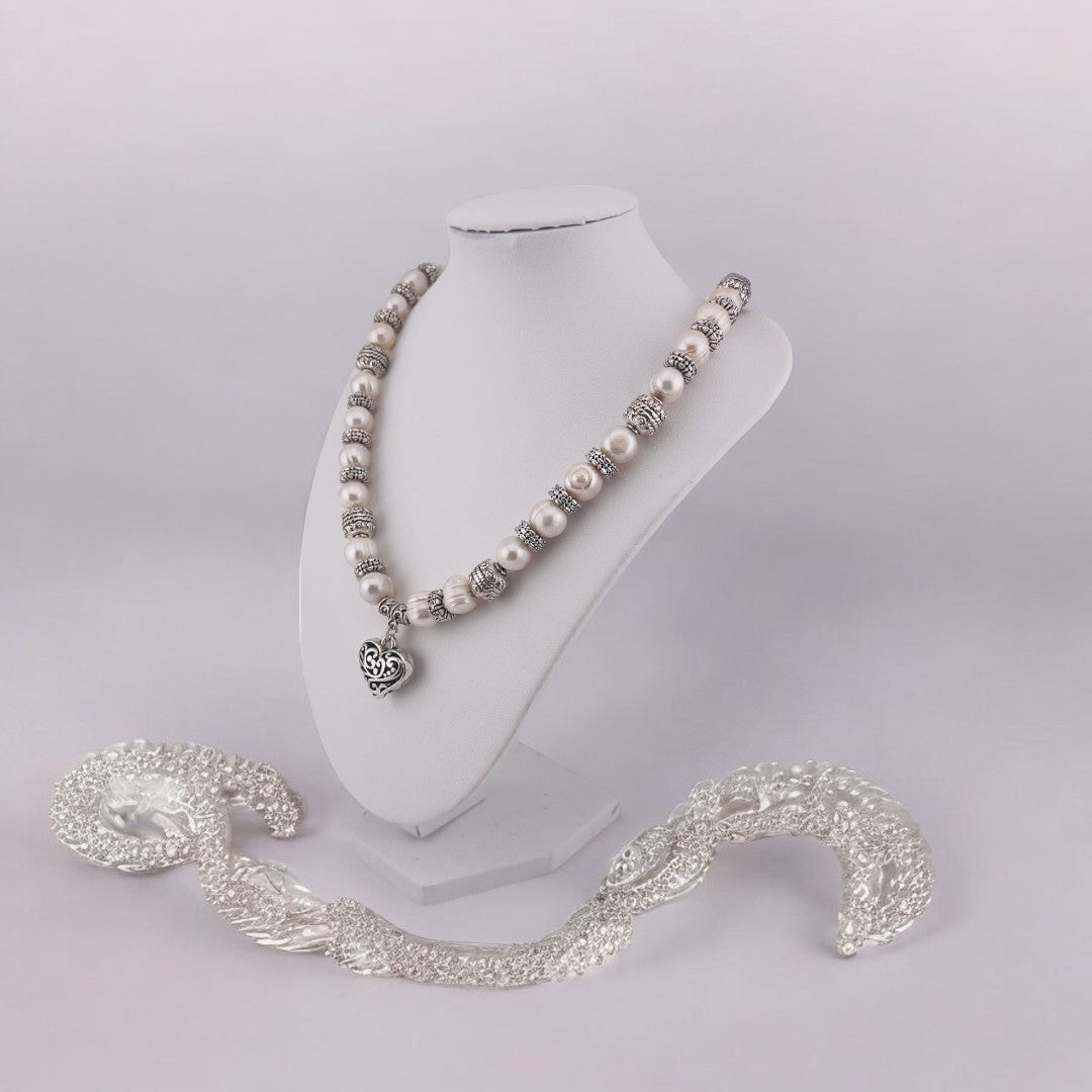 Pearl Necklace, Cultured White Pearls, Heart Toggle Clasp, Antique Silver Look, Heart Pendant, Birthday and Holiday Gift for a Loved One