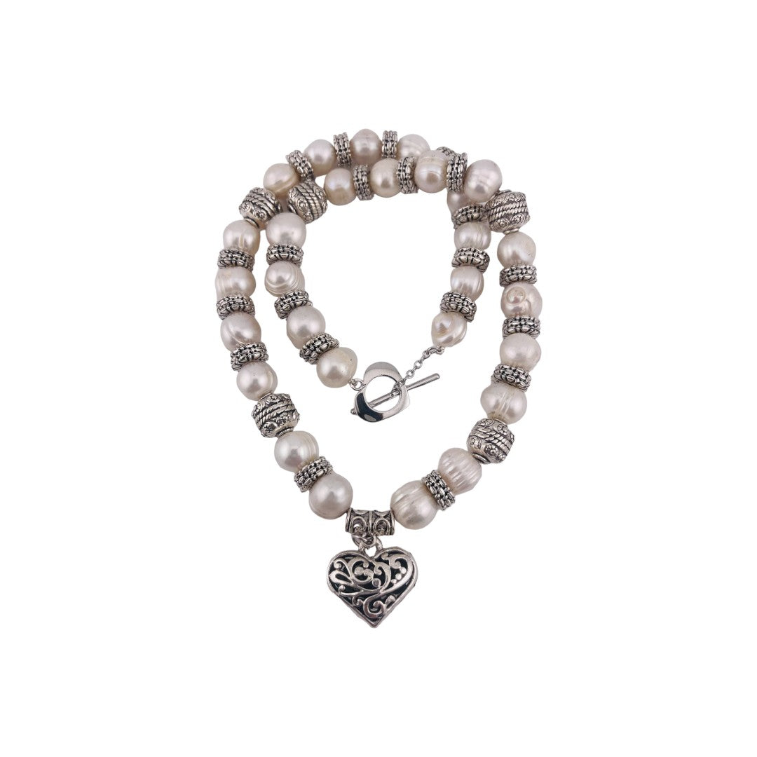 Pearl Necklace, Cultured White Pearls, Heart Toggle Clasp, Antique Silver Look, Heart Pendant, Birthday and Holiday Gift for a Loved One