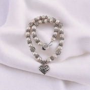 Pearl Necklace, Cultured White Pearls, Heart Toggle Clasp, Antique Silver Look, Heart Pendant, Birthday and Holiday Gift for a Loved One