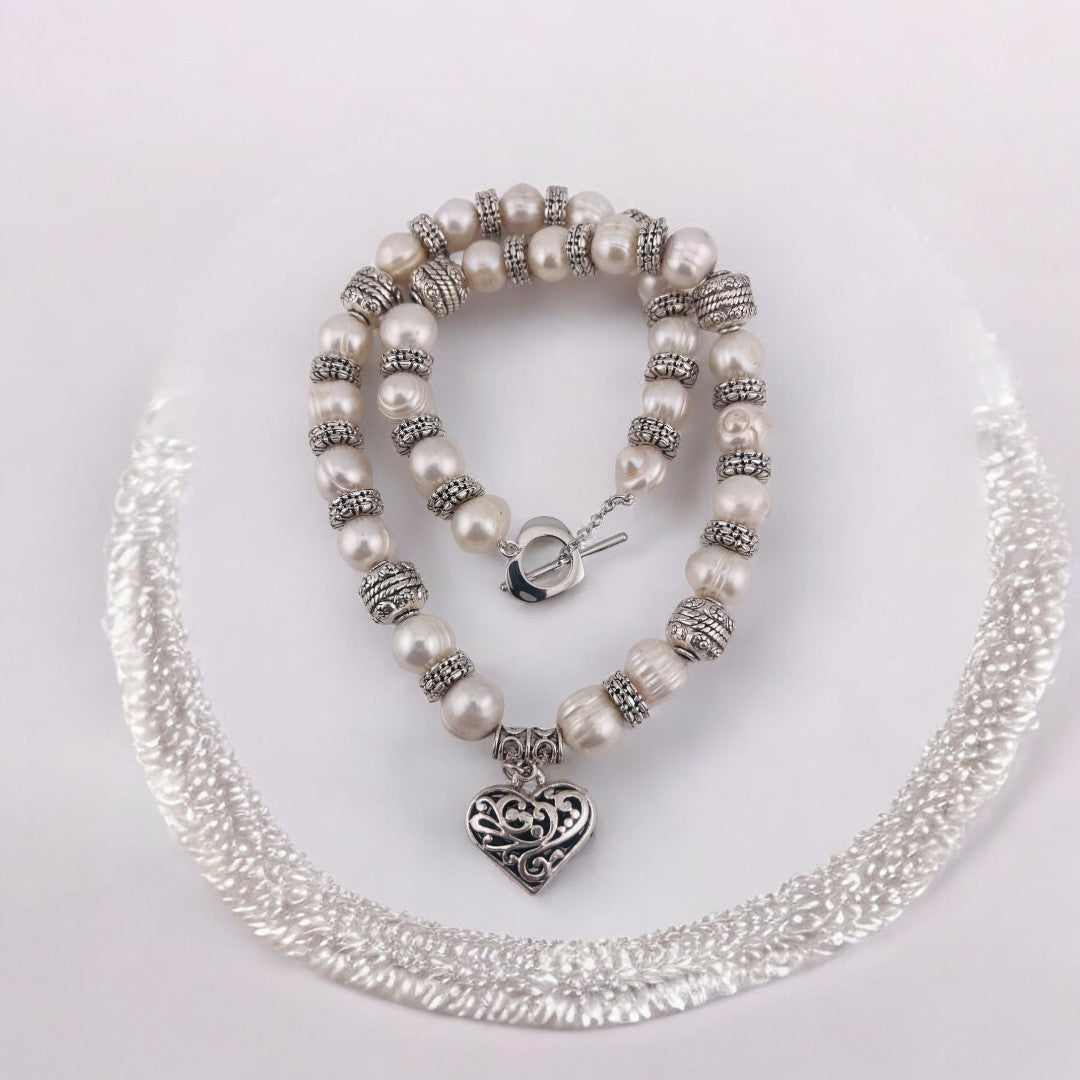Pearl Necklace, Cultured White Pearls, Heart Toggle Clasp, Antique Silver Look, Heart Pendant, Birthday and Holiday Gift for a Loved One