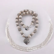 Pearl Necklace, Cultured White Pearls, Heart Toggle Clasp, Antique Silver Look, Heart Pendant, Birthday and Holiday Gift for a Loved One