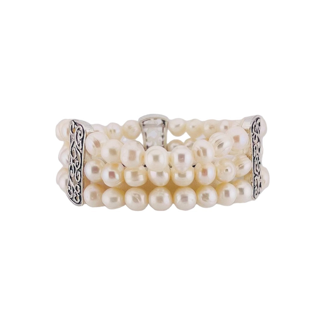 Pearl Bracelet, Cultured Pearls with Silver Swirls Design, Vintage-Inspired, Birthday and Holiday Gift