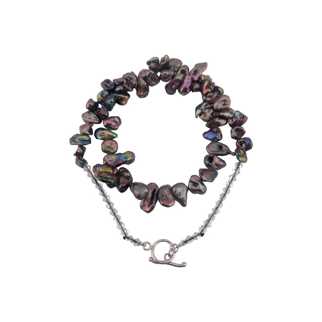 Keshi Pearl Necklace with Sterling Silver Toggle Clasp, Translucent Crystal Beads, Stylish Gift for Her