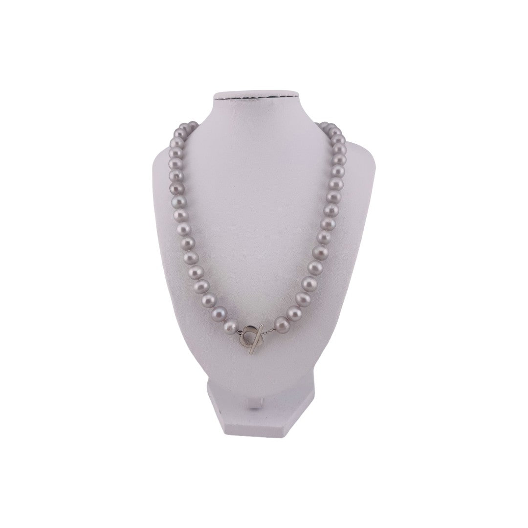 Elegant Sterling Silver Necklace, Cultured Silver Grey Pearls, Heart Toggle Clasp, Timeless Gift Jewelry