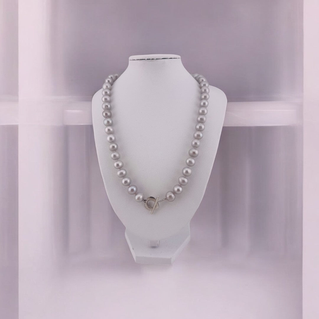 Elegant Sterling Silver Necklace, Cultured Silver Grey Pearls, Heart Toggle Clasp, Timeless Gift Jewelry