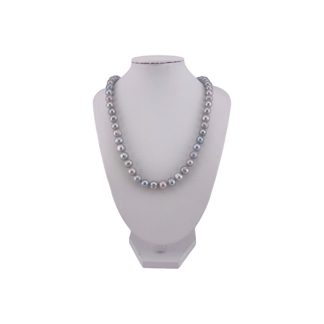 Elegant Silver Necklace with Cultured Silver Grey Pearls, Round Ball Magnetic Clasp, Timeless Gift Jewelry