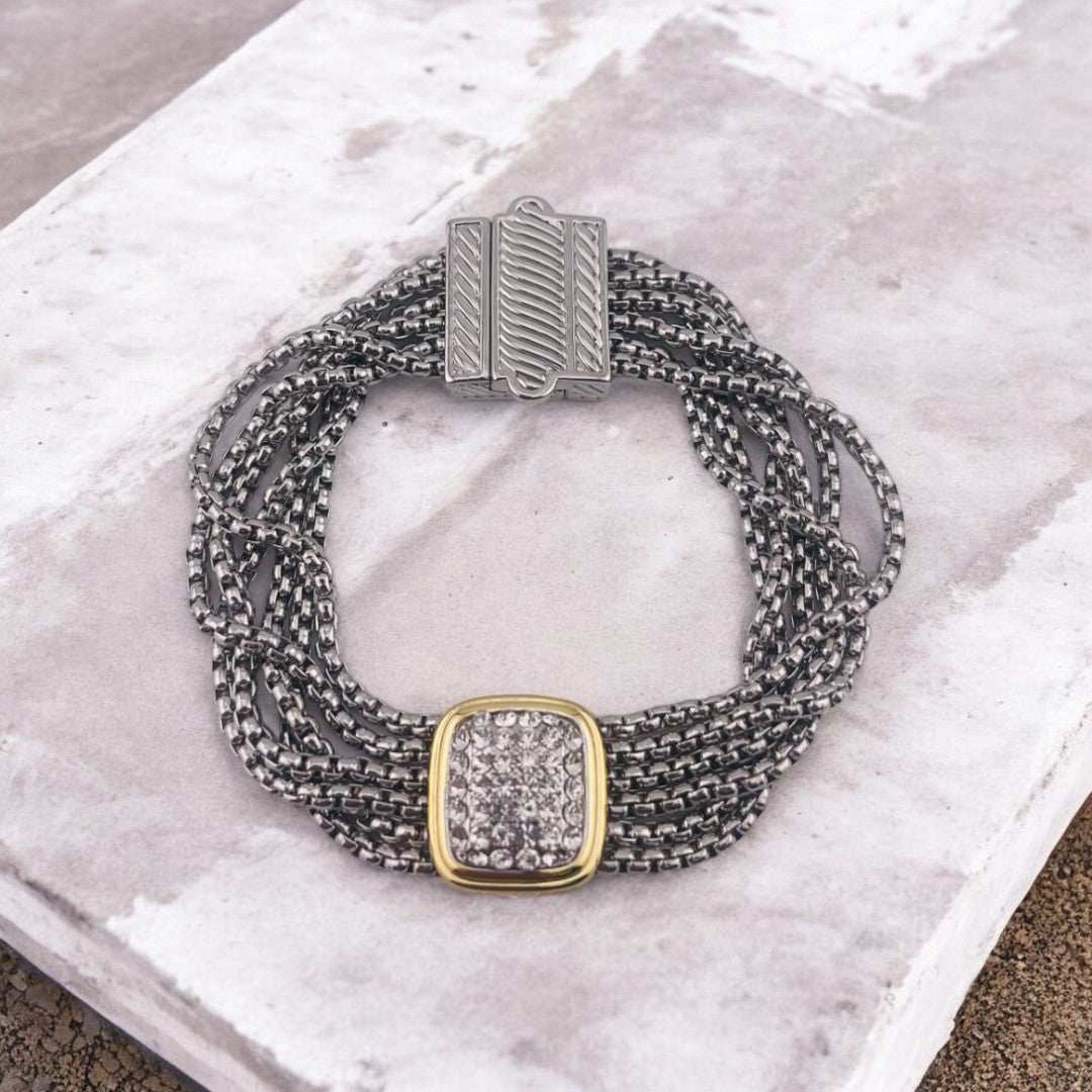 Elegant Rhodium-Finished Bracelet with Square Zirconia Accent and Magnetic Clasp, Perfect Gift Jewelry