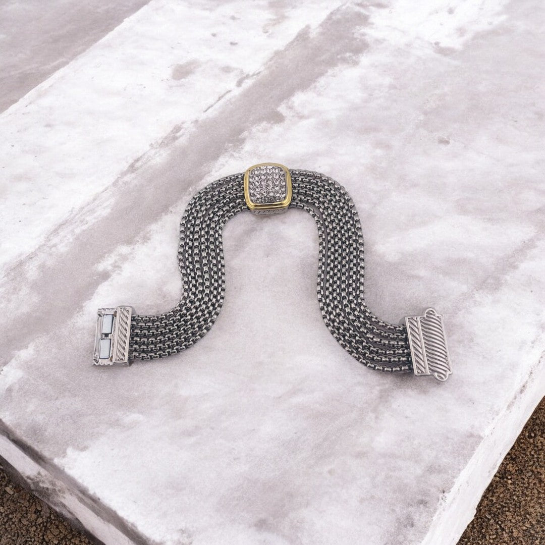 Elegant Rhodium-Finished Bracelet with Square Zirconia Accent and Magnetic Clasp, Perfect Gift Jewelry