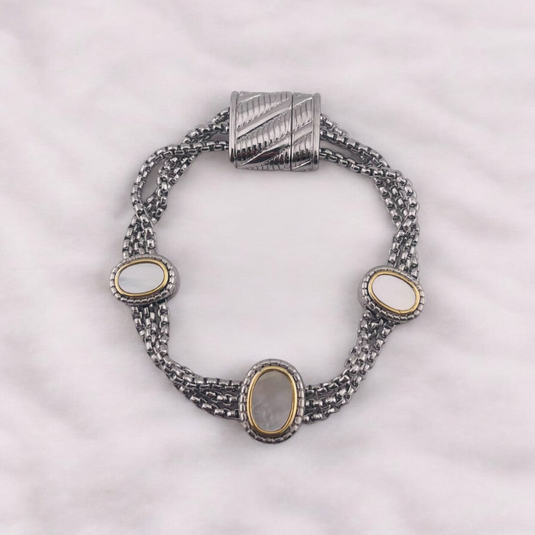 Elegant Rhodium-Finished Bracelet with Oval Shell Accent and Magnetic Clasp, Perfect Gift Jewelry