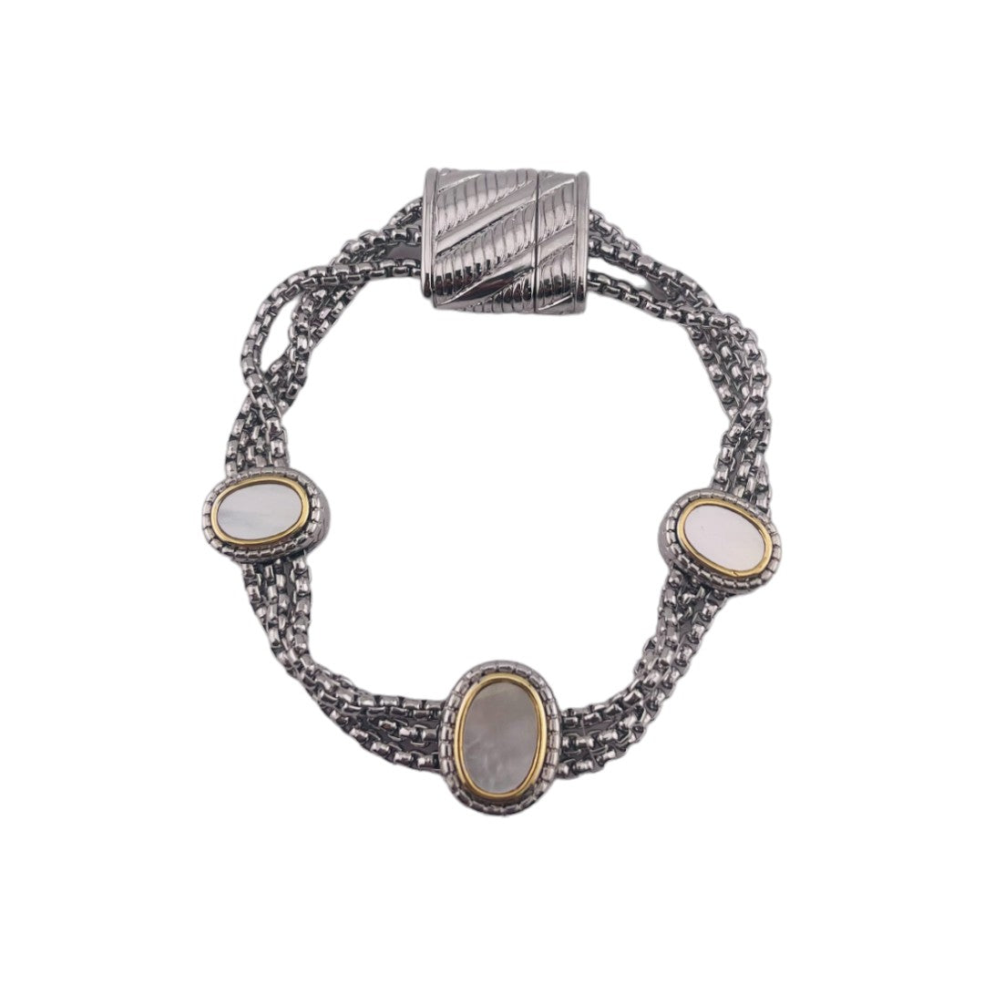 Elegant Rhodium-Finished Bracelet with Oval Shell Accent and Magnetic Clasp, Perfect Gift Jewelry